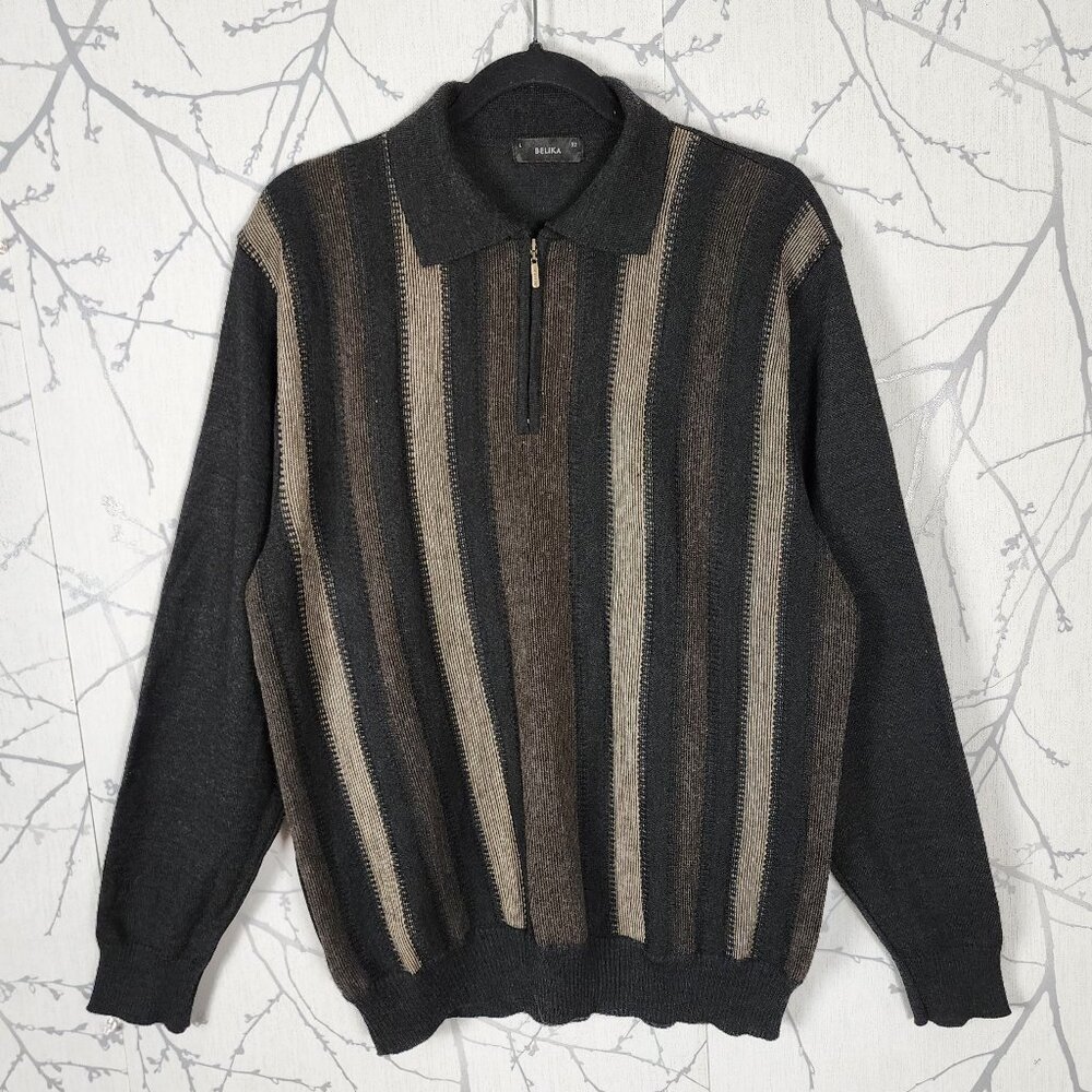 Belika Stripe 3D Knit 50% Wool Blend Quarter Zip Sweater
